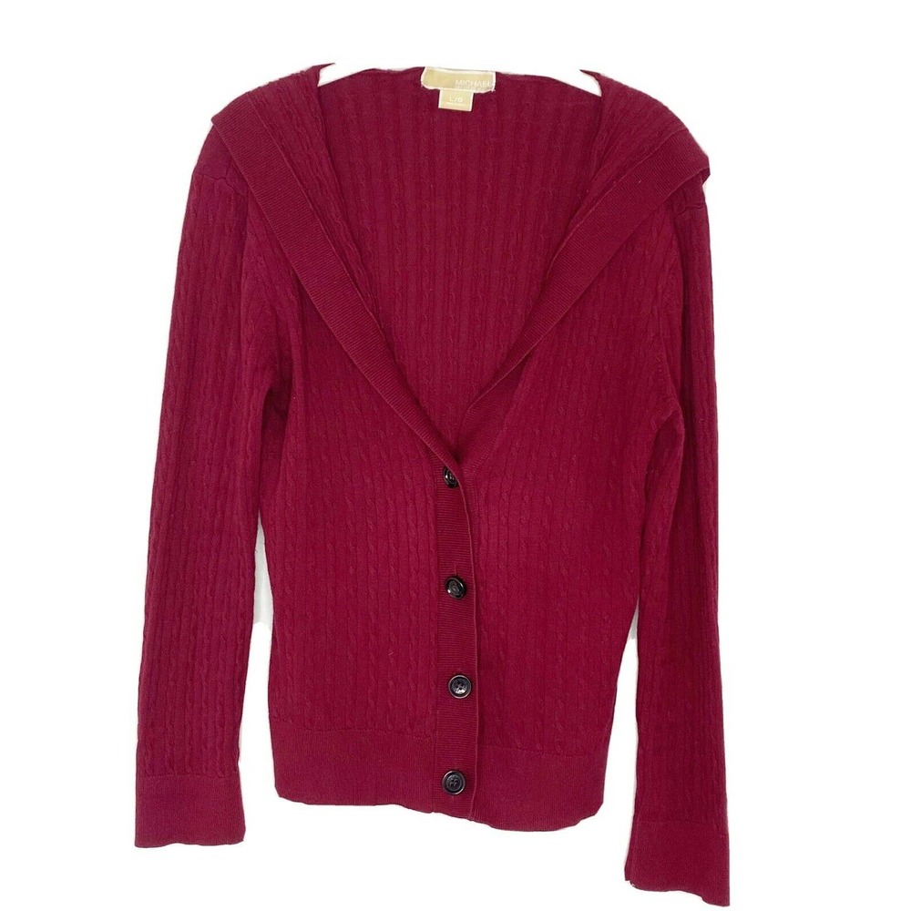 Michael Kors Cable Knit red hooded Button Cardigan Sweater size large - Picture 1 of 7